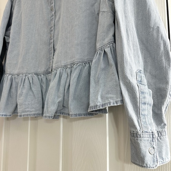 Topshop Blue Ruffle Peplum Hem Denim Shirt Snap Button Long Sleeve Women's 8 - Picture 6 of 8